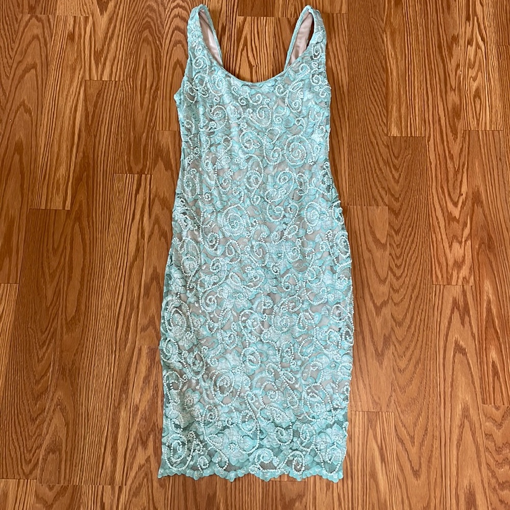 Alexia Admor Seafoam Green Lace Beaded‎ Bodycon Sleeveless Dress Size Small